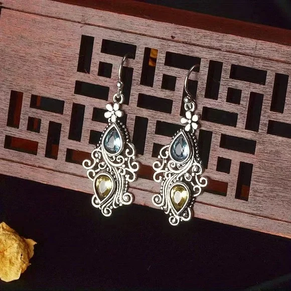Vintage Silver Floral Gemstone Dangle Boho Earrings Nwt - Picture 3 of 5